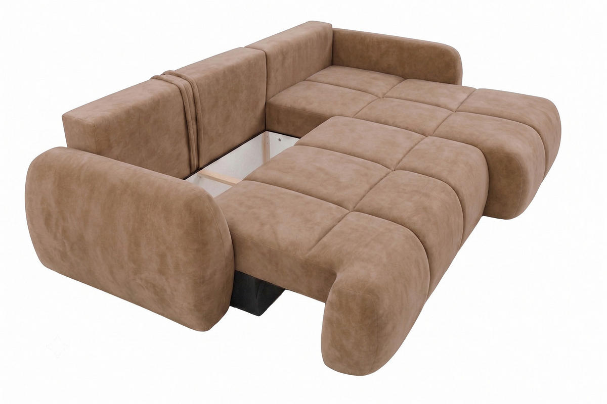 ROHOVÁ SEDAČKA s rozkládací funkcí a úložným prostorem, sametová látka Bluvel, Latte, Pravá, COCO - světle hnědá, dřevo (275/180cm) - Kaiser Möbel
