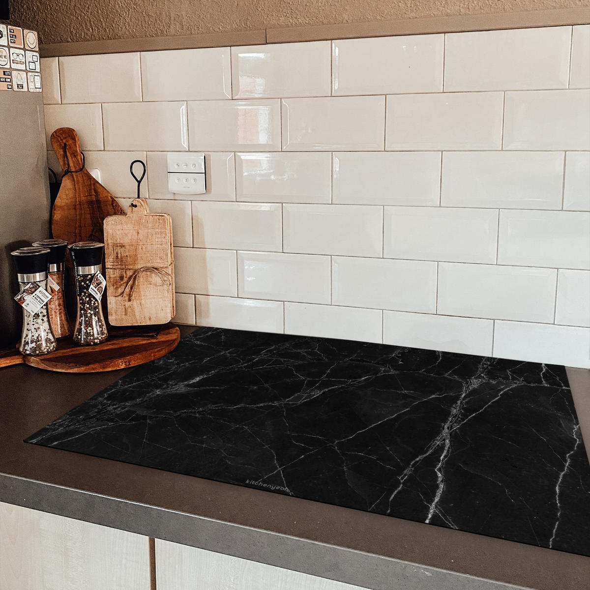 HERDABDECKPLATTE Schwarz - Marmor 80x52 cm - Schwarz, Kunststoff (80.2/0.2/52.2cm) - MuchoWow