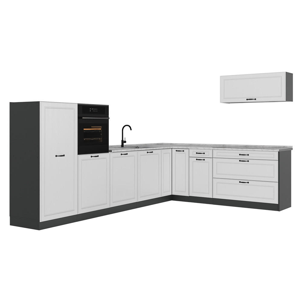 ROHOVÁ KUCHYŇA R-Line, Biely vidiecky dom/antracitová, 327 x cm Marmori työtaso - biela/antracitová, kompozitné drevo (327/143/60cm) - Vicco