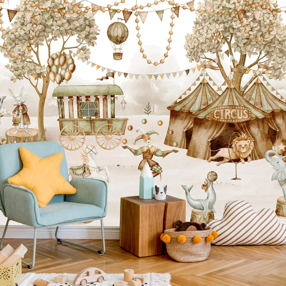 FOTOTAPETE für Kinderzimmer Zirkus Zelt Tiere Ballons Aquarell Bäume 350x256 - Ecru/Beige, Papier (350/256cm) - Muralo
