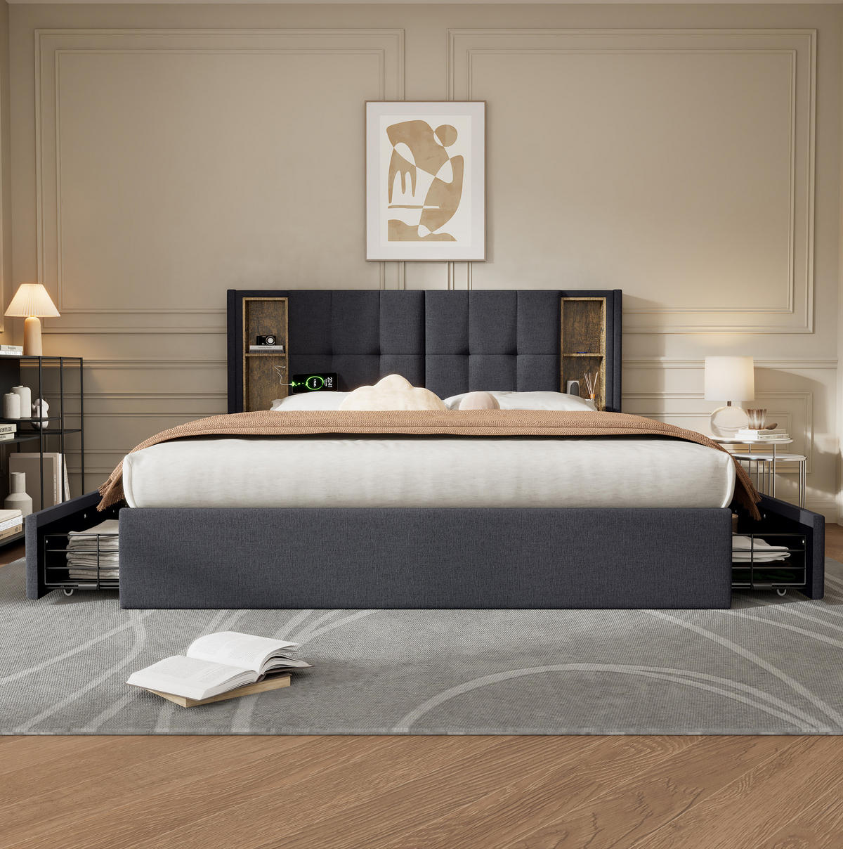 ČALOUNĚNÁ postel 160/200 cm z lněné tkaniny s bezdrátovým nabíjením, USB-C a 4 zásuvkami, šedá - šedá, textil (160/200cm) - Redom