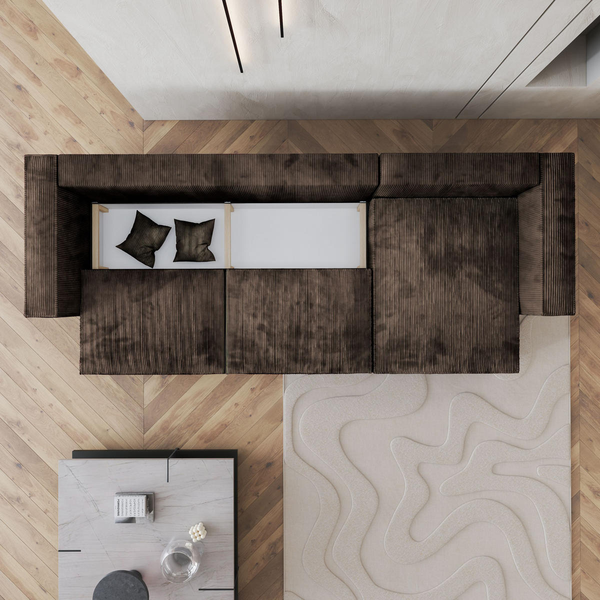 ECKSOFA TOLMO P Braun Kordstoff mit Schlaffunktion - Braun, Holz (347/148cm) - MASSENO