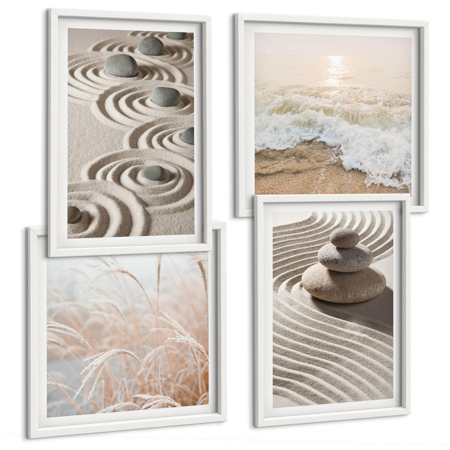 BILDER SET 4er Set - 50x50 cm & 40x60 cm Weißer Rahmen - Wellen, Sand, Wasser, Steine, Strand - Weiß, Kunststoff (50/50cm) - TULUP