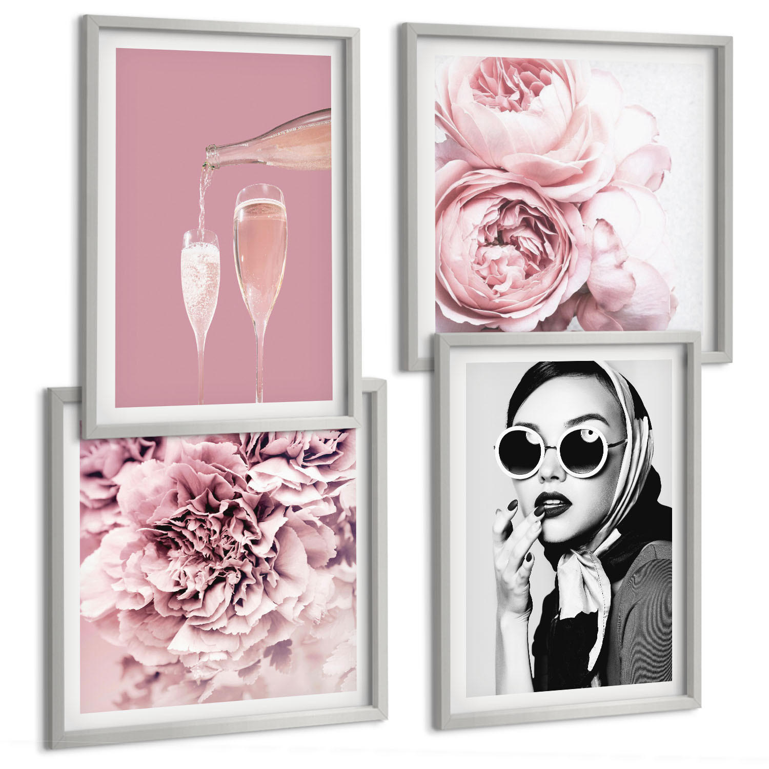 BILDER SET 4er Set - 50x50 cm & 40x60 cm Silberner Rahmen - Blumen, Pfingstrosen, Rosen, Eleganz - Silberfarben, Kunststoff (50/50cm) - TULUP
