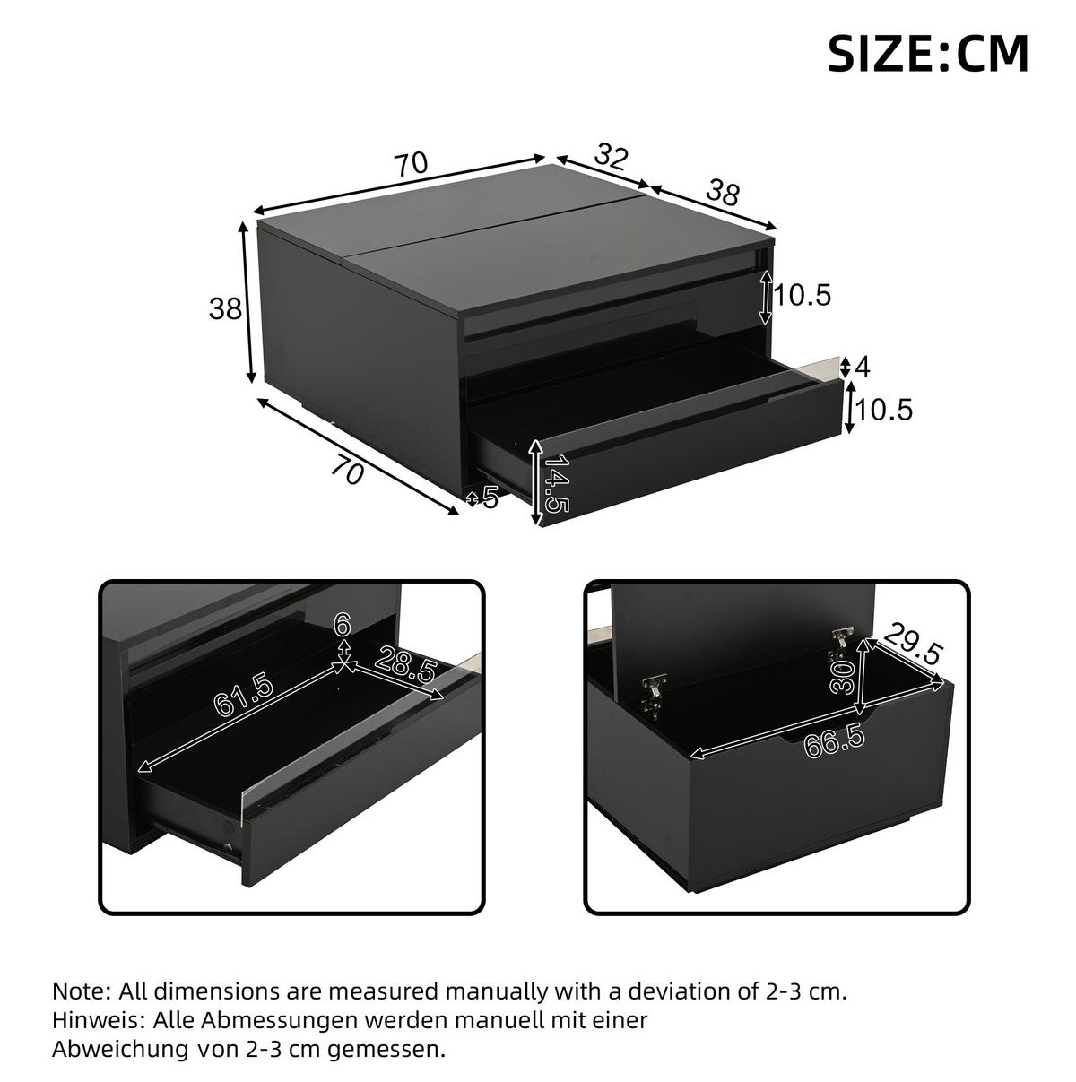 COUCHTISCH 70/70/38 cm in Schwarz mit LED-Beleuchtung und Stauraum - Schwarz, Holzwerkstoff (70/70/38cm) - Flora Grace