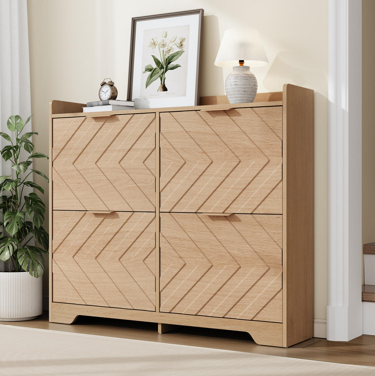 SCHUHSCHRANK 105/24/90 cm mit 4 Klappfächern, 3D-Strukturfront und Ablagefläche, MDF, Natur - Naturfarben, Holzwerkstoff (105/90/24cm) - Redom