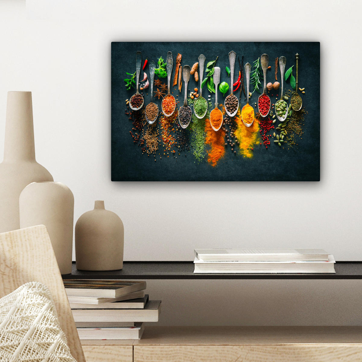 LEINWANDBILD Kräuter - Gewürze - Löffel Deko Schlafzimmer 30x20 cm - Currygelb, Textil (30/20cm) - MuchoWow