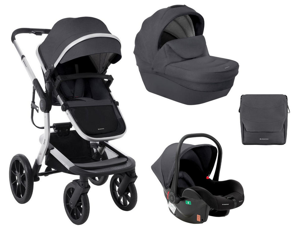 KOMBIKINDERWAGEN Irene 3 in 1 dunkelgrau Babywanne Autositz Adapter Wickeltasche - Grau, Metall (63/63/107cm) - Kikka boo