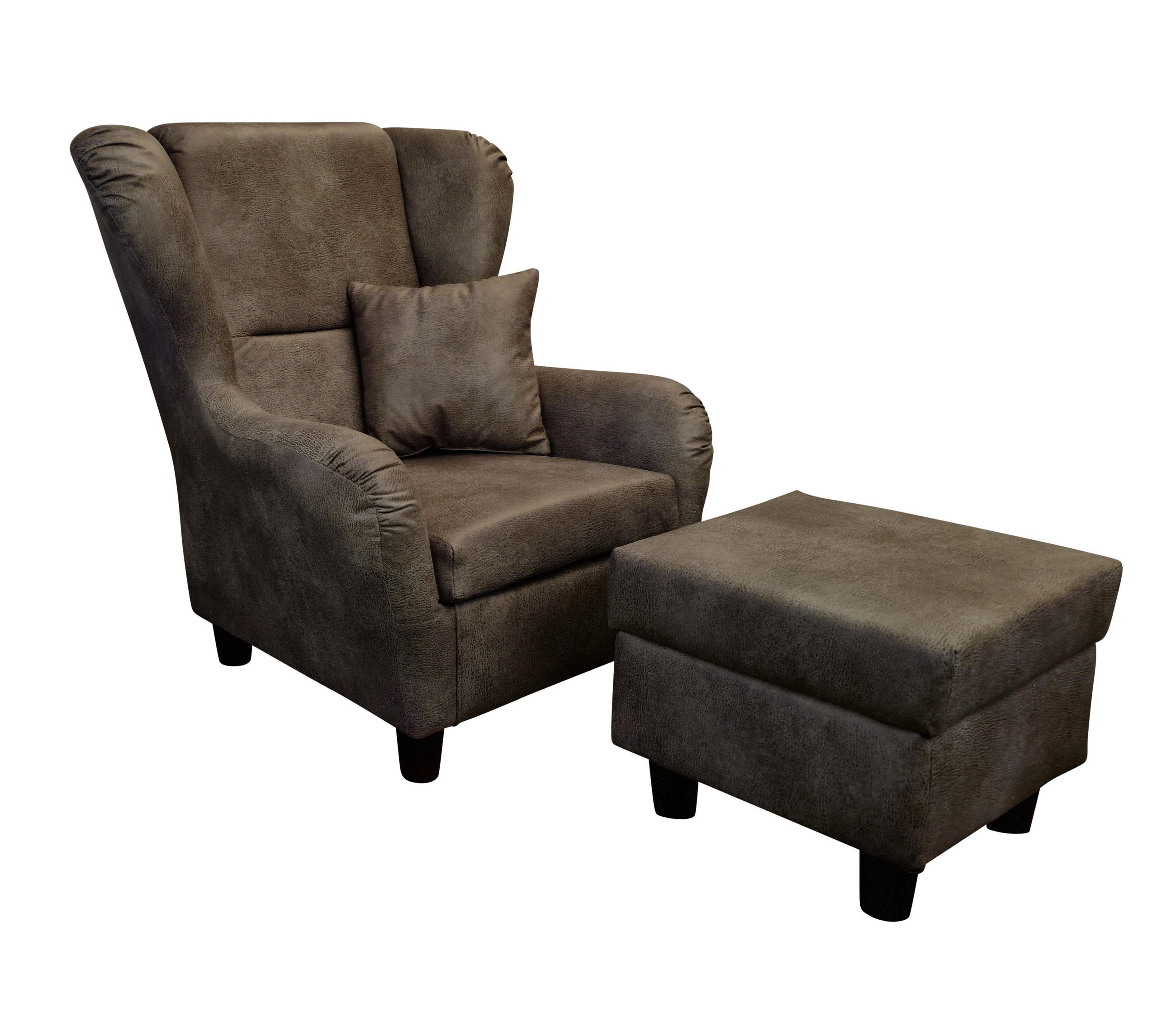 OHRENSESSEL mit HOCKER, hoher Sitzkomfort durch Wellenunterfederung B90/H98/T76 cm, Mikrofaser Leder-Optik Vintage Braun / 18005 - Schwarz/Braun, Holz/Textil (90/98/76cm) - luma-home