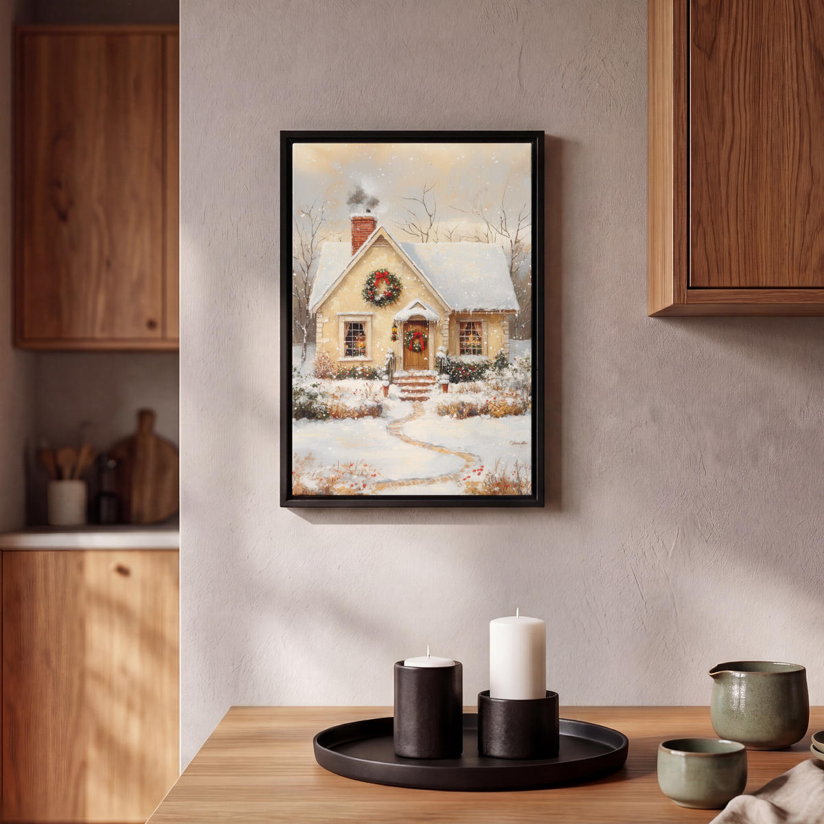 LEINWAND Bilder mit Rahmen - Weihnachten - Zuhause - Winter - Schnee - 20x30 - Creme, Textil (20/30cm) - MuchoWow