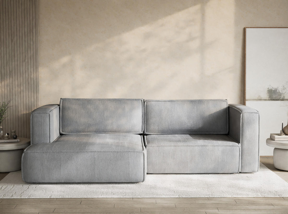 ECKSOFA MIT SCHLAFFUNKTION Velto Hellgrau Samtstoff - Hellgrau/Schwarz, Holz/Holzwerkstoff (152/250cm) - Maison de Reve