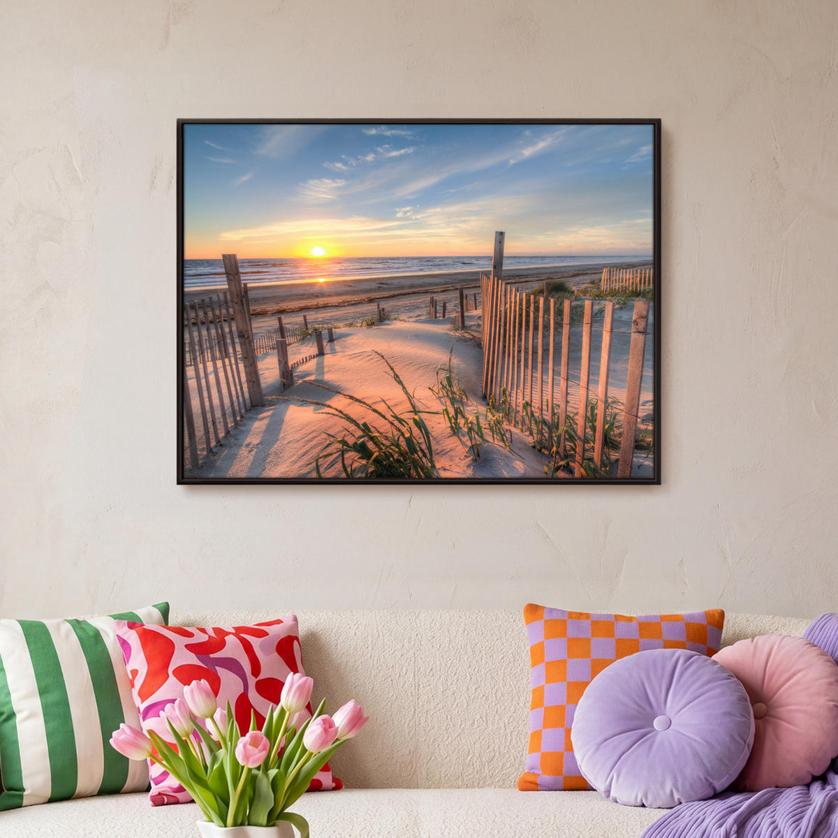 LEINWAND Bilder mit Rahmen - Strand - Meer - Düne - Sonnenuntergang - Landschaft - 70x50 - Beige, Textil (70/50cm) - MuchoWow