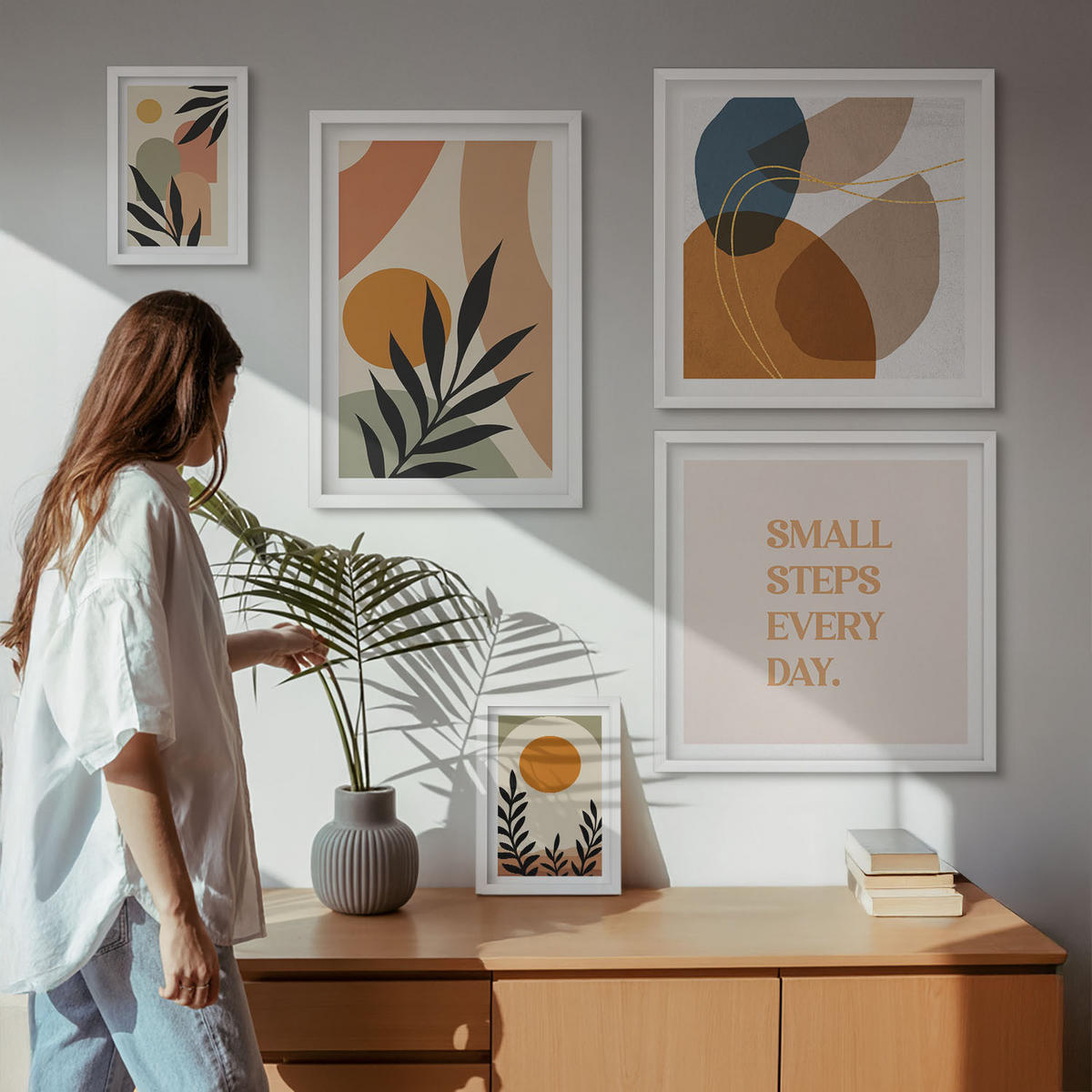 WANDBILDER 5er-Set - 50x50 cm & 20x30 cm & 40x60 cm Weißer Rahmen - Moderne Pflanzenmotive - Weiß, Kunststoff (40/60cm) - ArtPrintCave