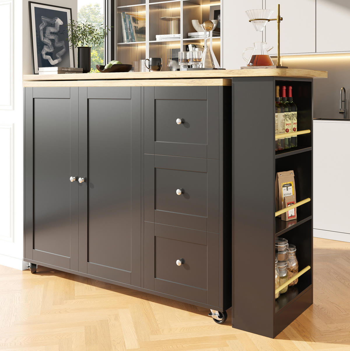 KÜCHENINSEL 135-203/39/106 cm aus MDF mit 360°-Drehfunktion und Rollen Schwarz - Schwarz, Holzwerkstoff (203/106/39cm) - Modenvie