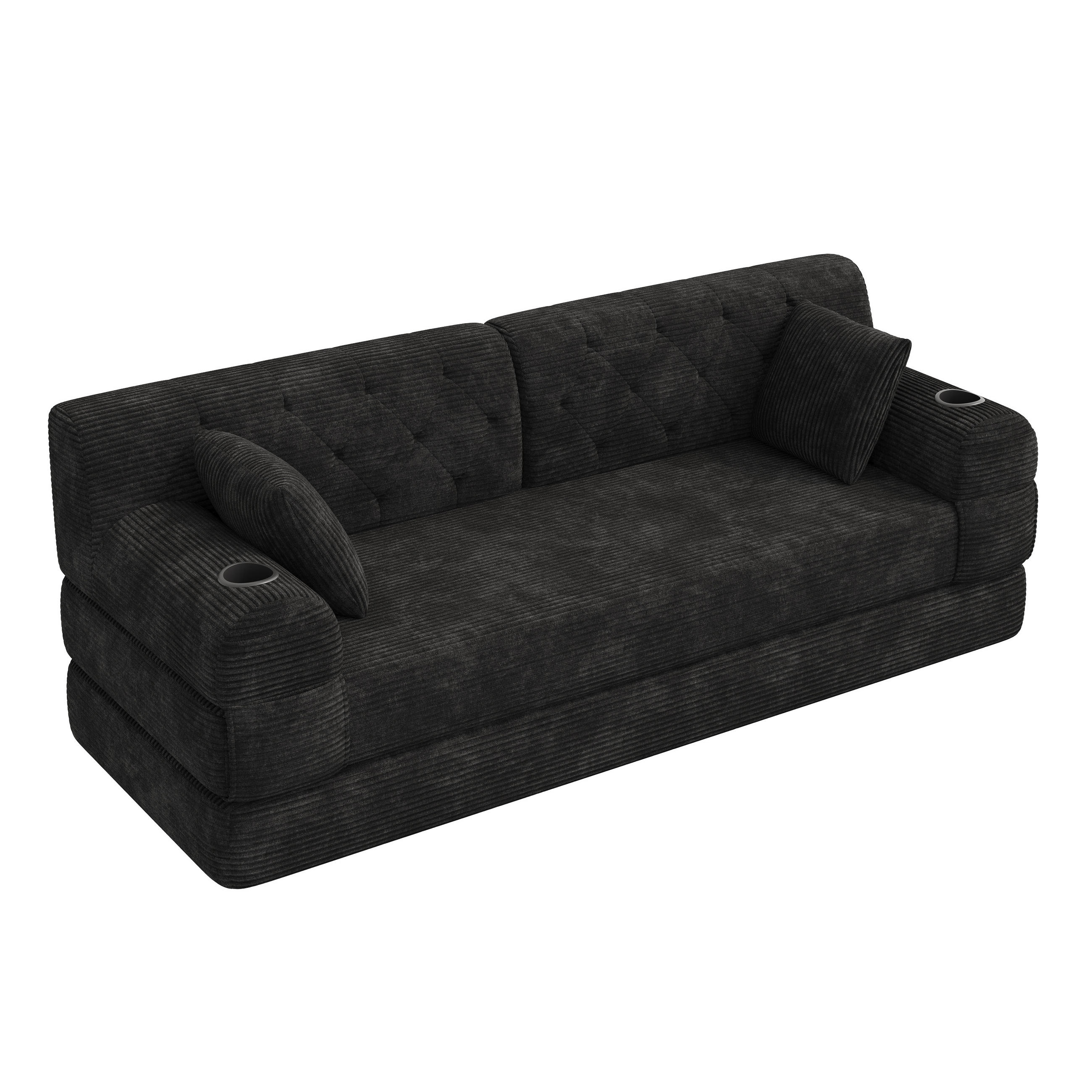 SCHLAFSOFA mit Liegefunktion und Getränkehaltern aus Cord in Schwarz - Schwarz, Textil (208/81/80cm) - EVRYAE
