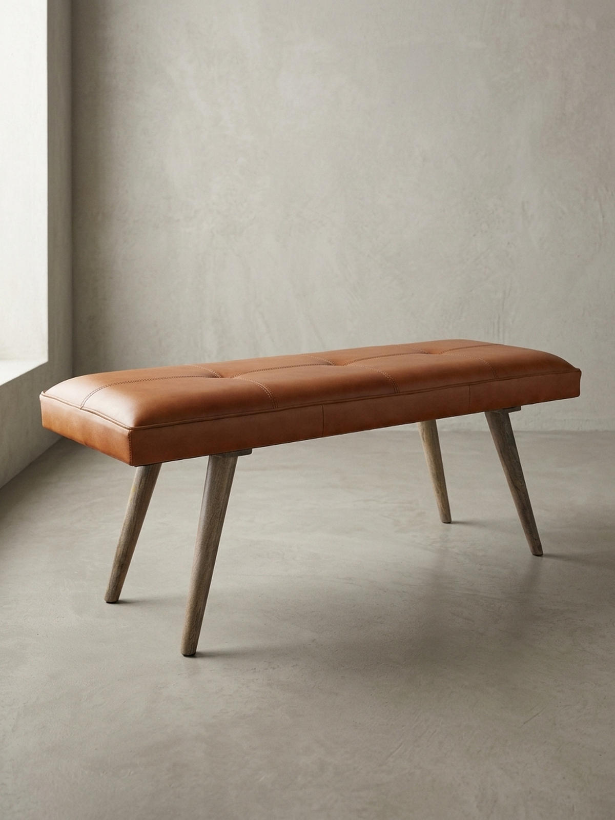 SITZBANK – Ziegenleder/Massivholz, Retro-Stil, 200 kg Belastbarkeit - Braun, Mangoholz/Leder (117/51/38cm) - KADIMA DESIGN