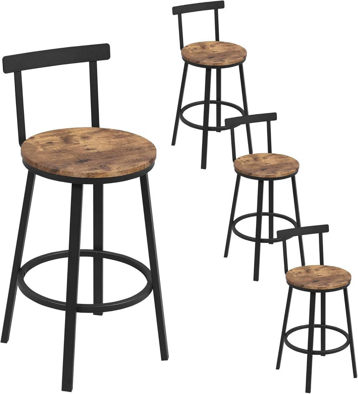 BARHOCKER 4er Set mit Lehne, Vintagebraun - Dunkelbraun/Schwarz, Holzwerkstoff/Metall (51.5/89/51.5cm) - Woltu