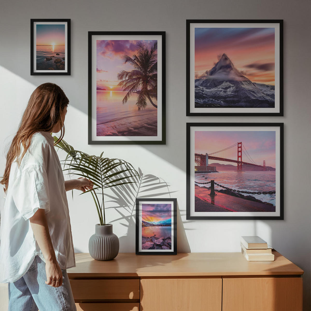 WANDBILDER 5er-Set - 50x50 cm & 20x30 cm & 40x60 cm Schwarzer Rahmen - Rosen, Champagner, Marmor, Pastell - Schwarz, Kunststoff (40/60cm) - ArtPrintCave