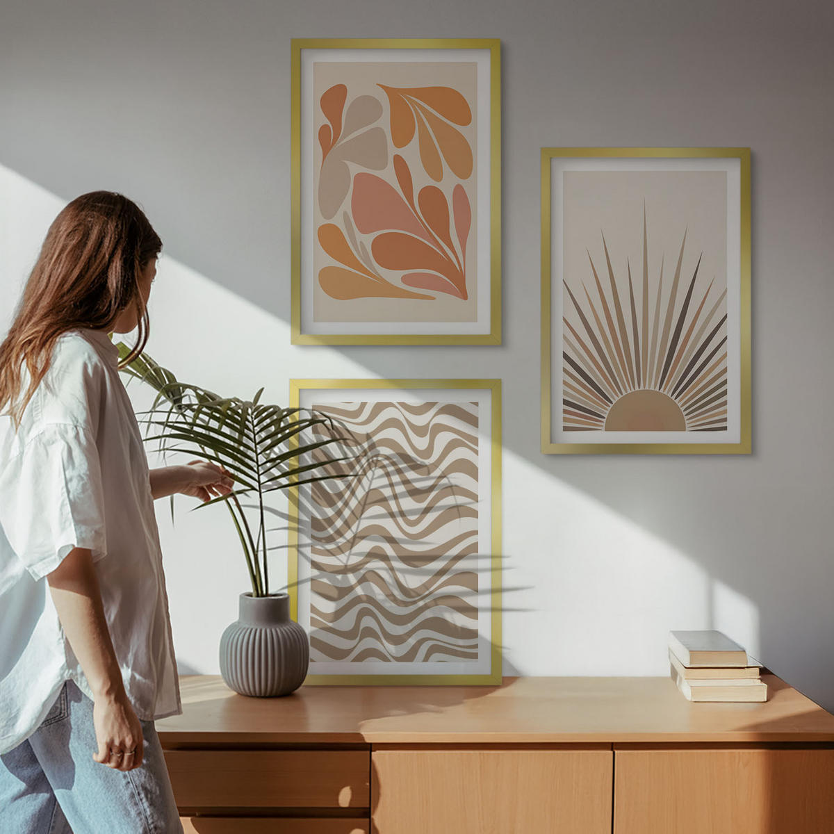 BILDER SET 3er Set - 40x60 cm Goldrahmen - Sonnen-Boho-Pastelltönen - Goldfarben, Kunststoff (40/60cm) - TULUP