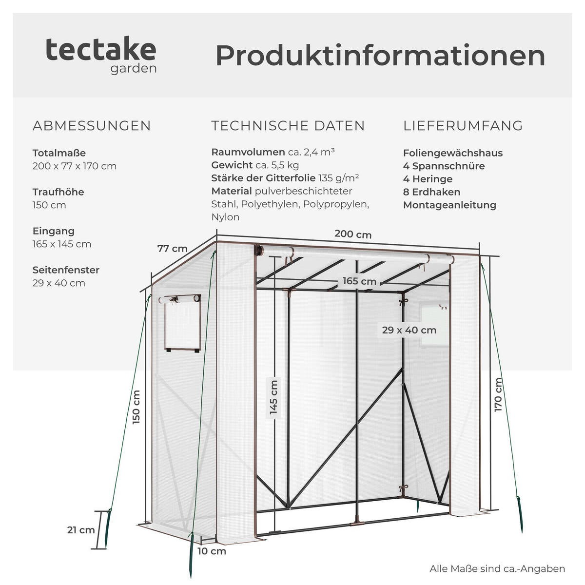 FOLIENGEWÄCHSHAUS Anton, 200 x 77 x 170 cm, inklusive Befestigungsmaterial, transparent - Transparent, Kunststoff (200/170/77cm) - tectake