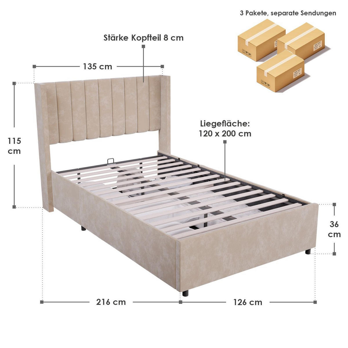 POLSTERBETT Savona beige 120 x 200 cm - Beige, Holzwerkstoff (120/200cm) - Juskys