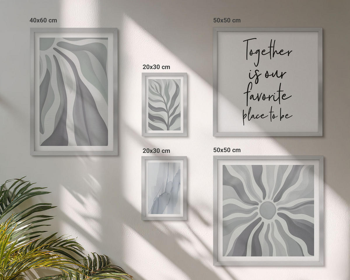 WANDBILDER 5er Set - 50x50 cm & 20x30 cm & 40x60 cm Silberner Rahmen - Illustrationen mit floralen Pastellmustern - Silberfarben, Kunststoff (40/60cm) - ArtPrintCave