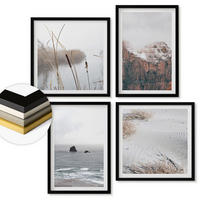 WANDBILDER 4er-Set - 50x50 cm & 40x60 cm Schwarzer Rahmen - Abstrakte Wellen, graue Pastellfarben - Schwarz, Kunststoff (50/50cm) - ArtPrintCave