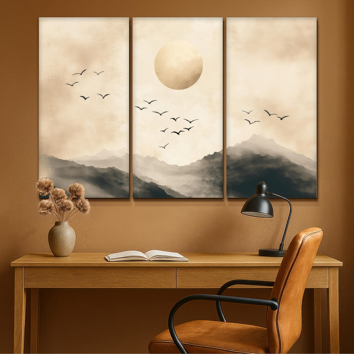 LEINWANDBILD 3er Set Landschaft - Japandi - Beige - Vögel 120x80 cm - Beige, Textil (120/80cm) - MuchoWow