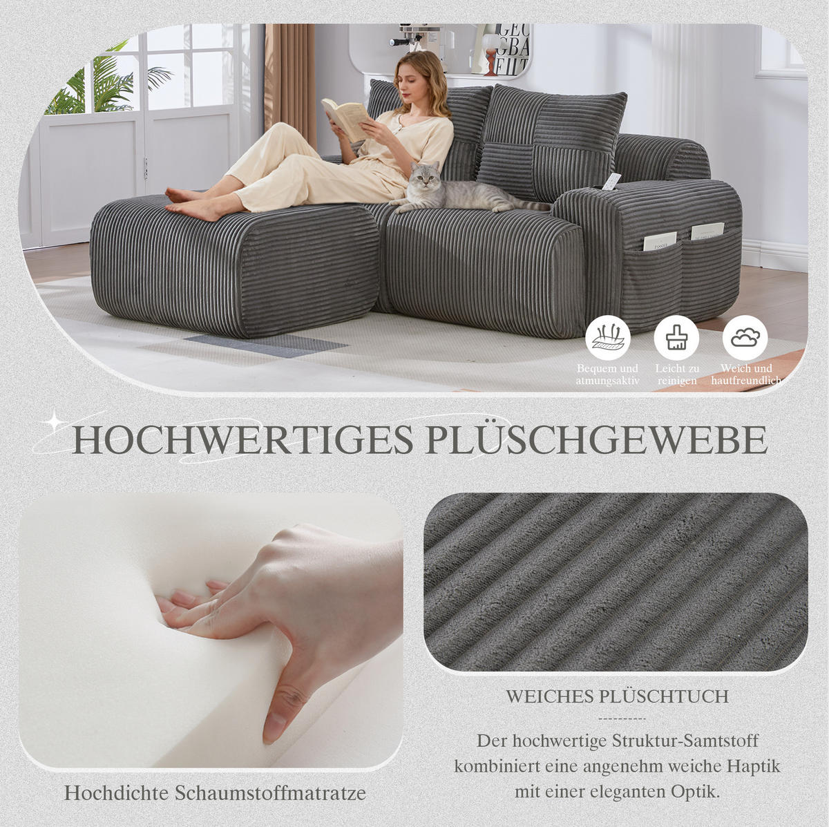 ECKSOFA 200/174/80 cm dunkelgrau aus Cord mit Cupholder und Seitentasche - Dunkelgrau, Textil (174/200cm) - OKWISH