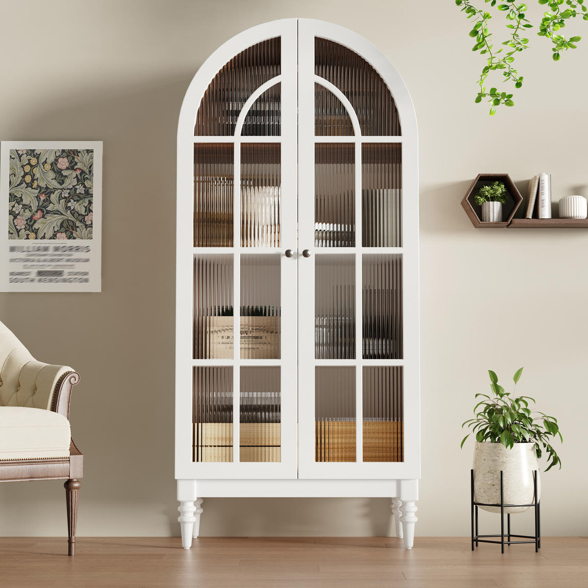 HIGHBOARD Weiß 76×38,5×165 cm mit Bogenfront und Riffelglas-Türen aus Holzwerkstoff - Weiß, Holzwerkstoff (76/165/38.5cm) - Luhomfu