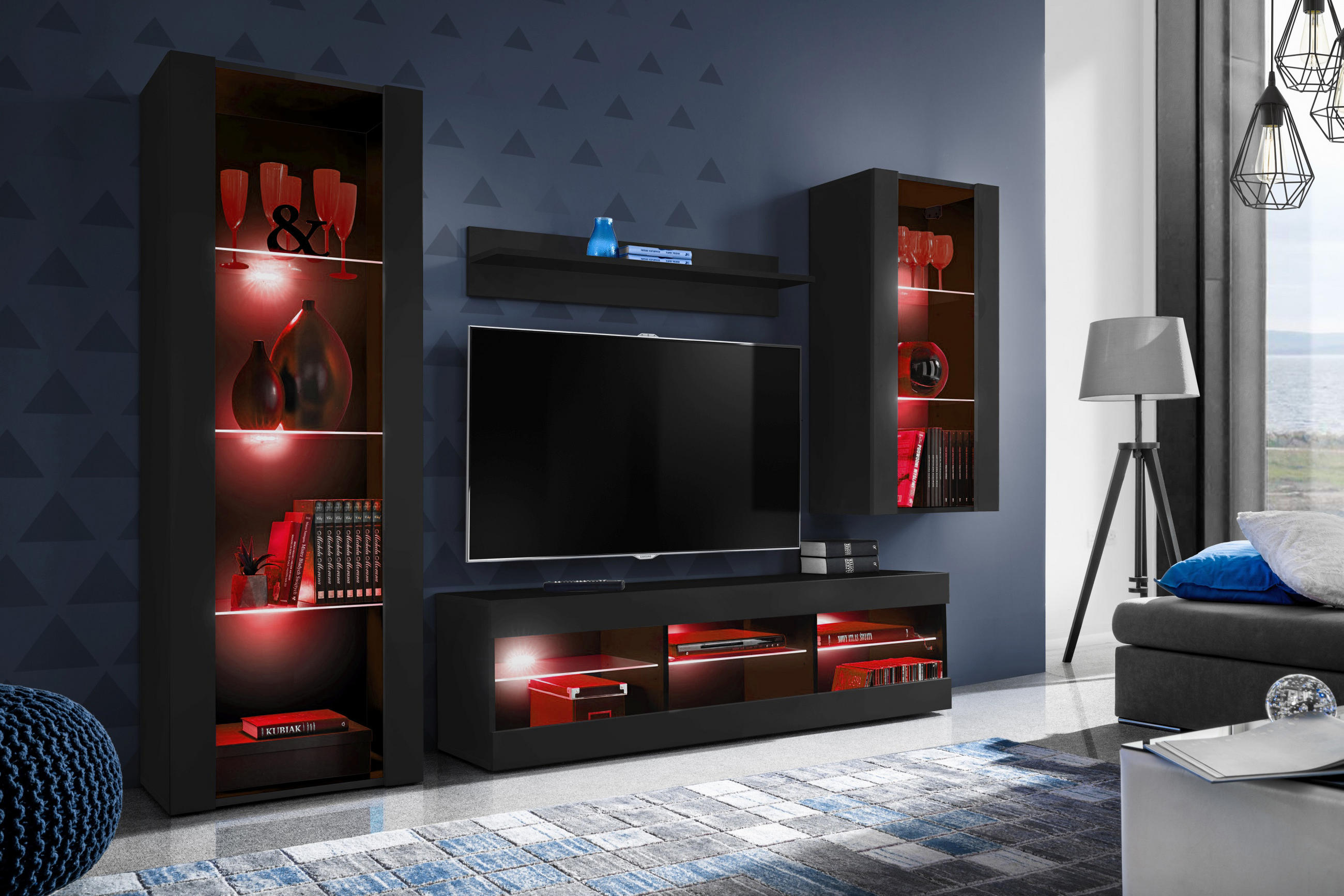 WOHNZIMMERSET TIVOLI MEDIO, 4er-Set, Schwarz, LED Mehrfarbige - Schwarz, Glas/Holzwerkstoff (245/159/35cm) - Komodee
