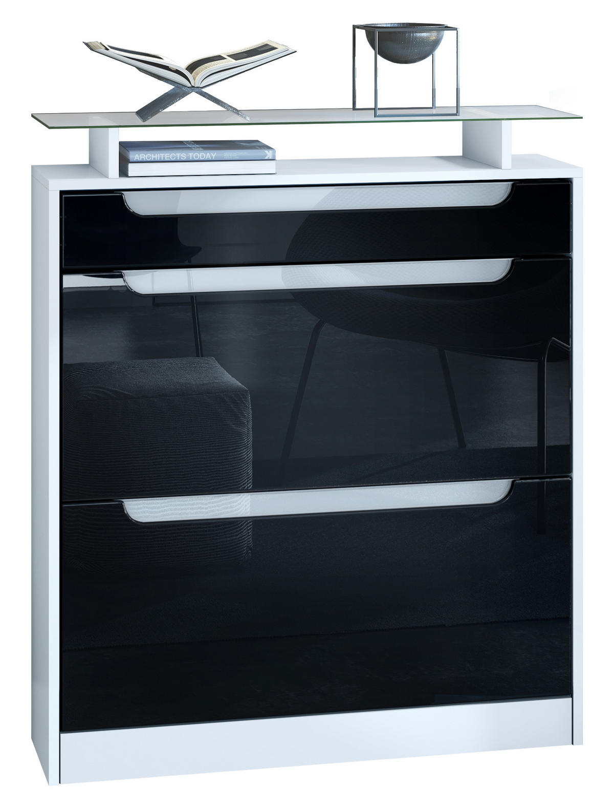 SCHUHSCHRANK Fiesta Schwarz Hochglanz / Weiß Hochglanz - Schwarz Hochglanz, Holzwerkstoff (89/104/23cm) - Vladon