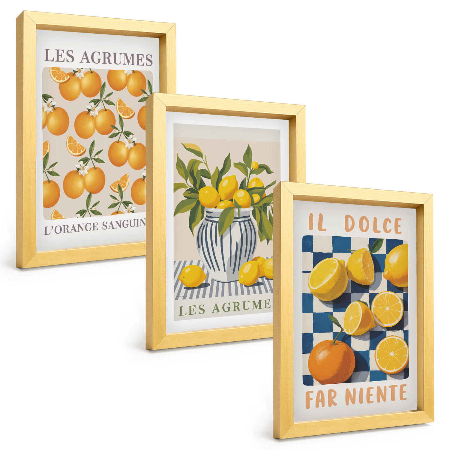 BILDER SET 3er Set - 20x30 cm Goldrahmen - Retro gelbe Zitrusfrüchte - Goldfarben, Kunststoff (20/30cm) - TULUP