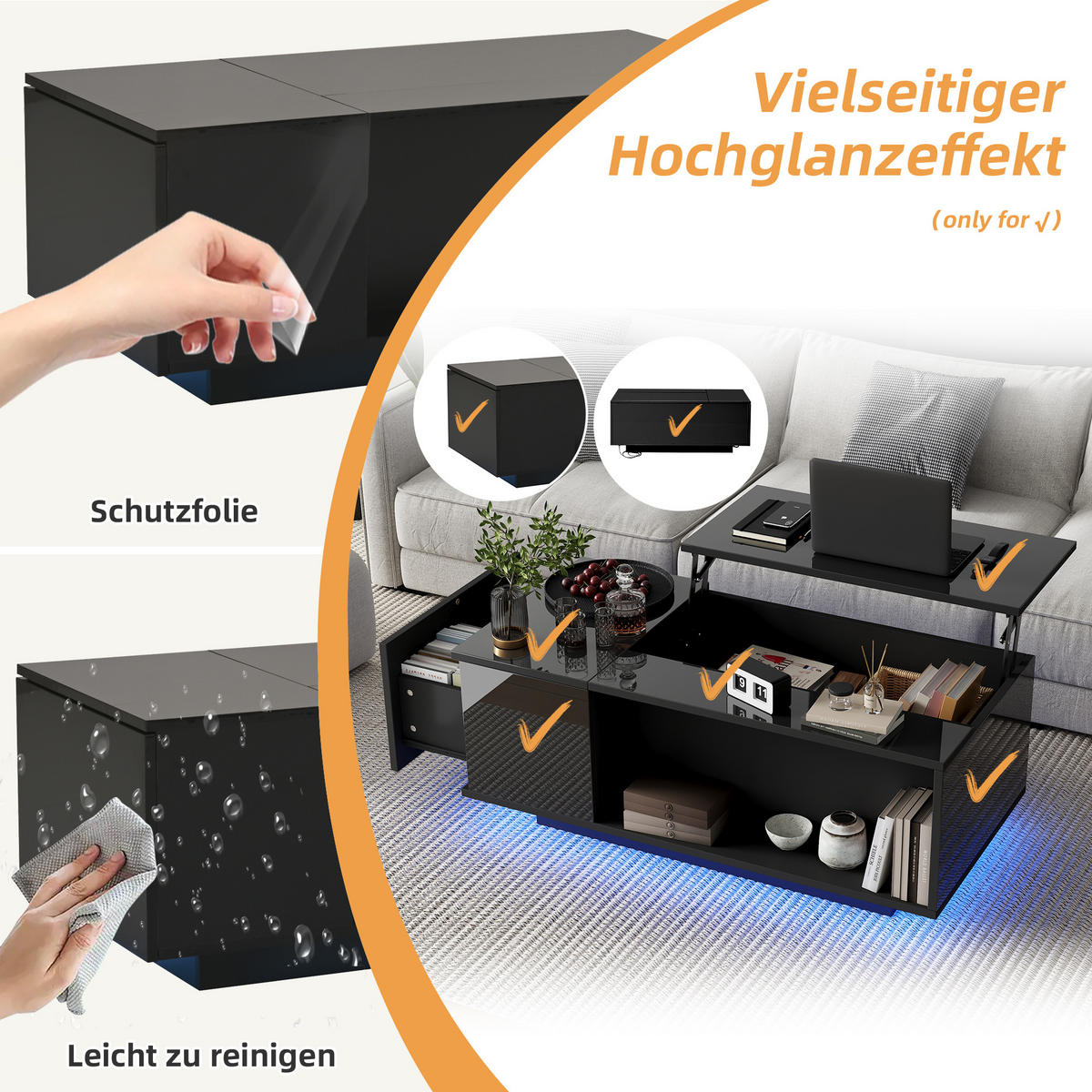 COUCHTISCH 100/50/40 cm höhenverstellbar mit verstecktem Stauraum und LED-Licht - Schwarz, Holzwerkstoff (100/50/40cm) - OKWISH