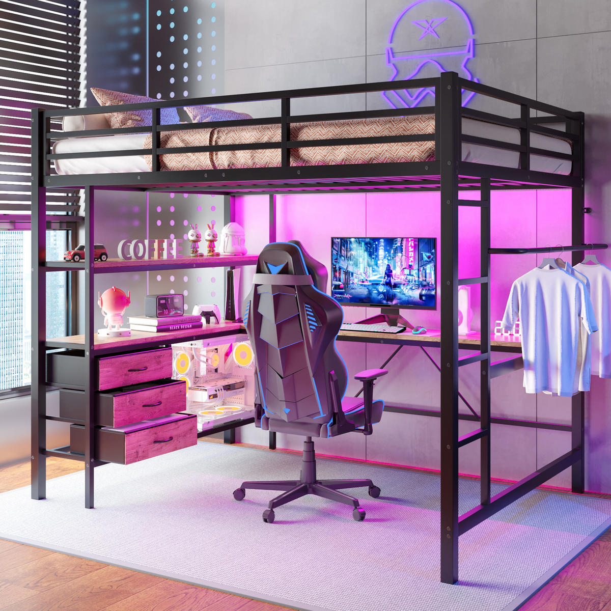 HOCHBETT 140x200cm Schwarz LED-Licht Schreibtisch USB 3 Schubladen - Schwarz, Metall (140/200cm) - FLIEKS