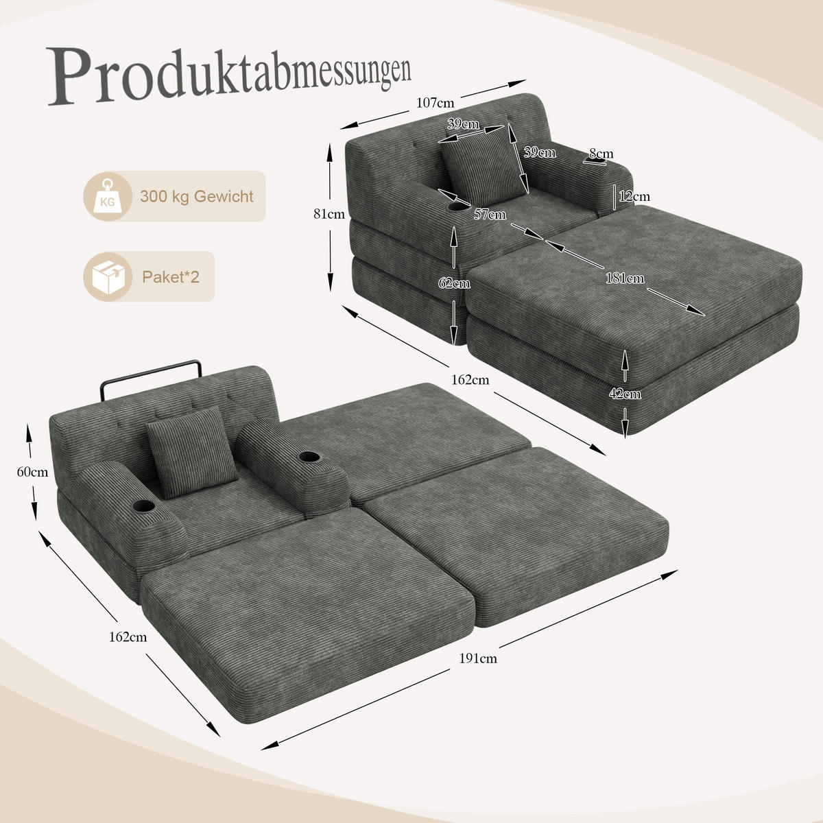 SCHLAFSOFA mit Hocker und Liegefunktion aus Cord in Dunkelgrau - Dunkelgrau, Textil (191/60/162cm) - EVRYAE