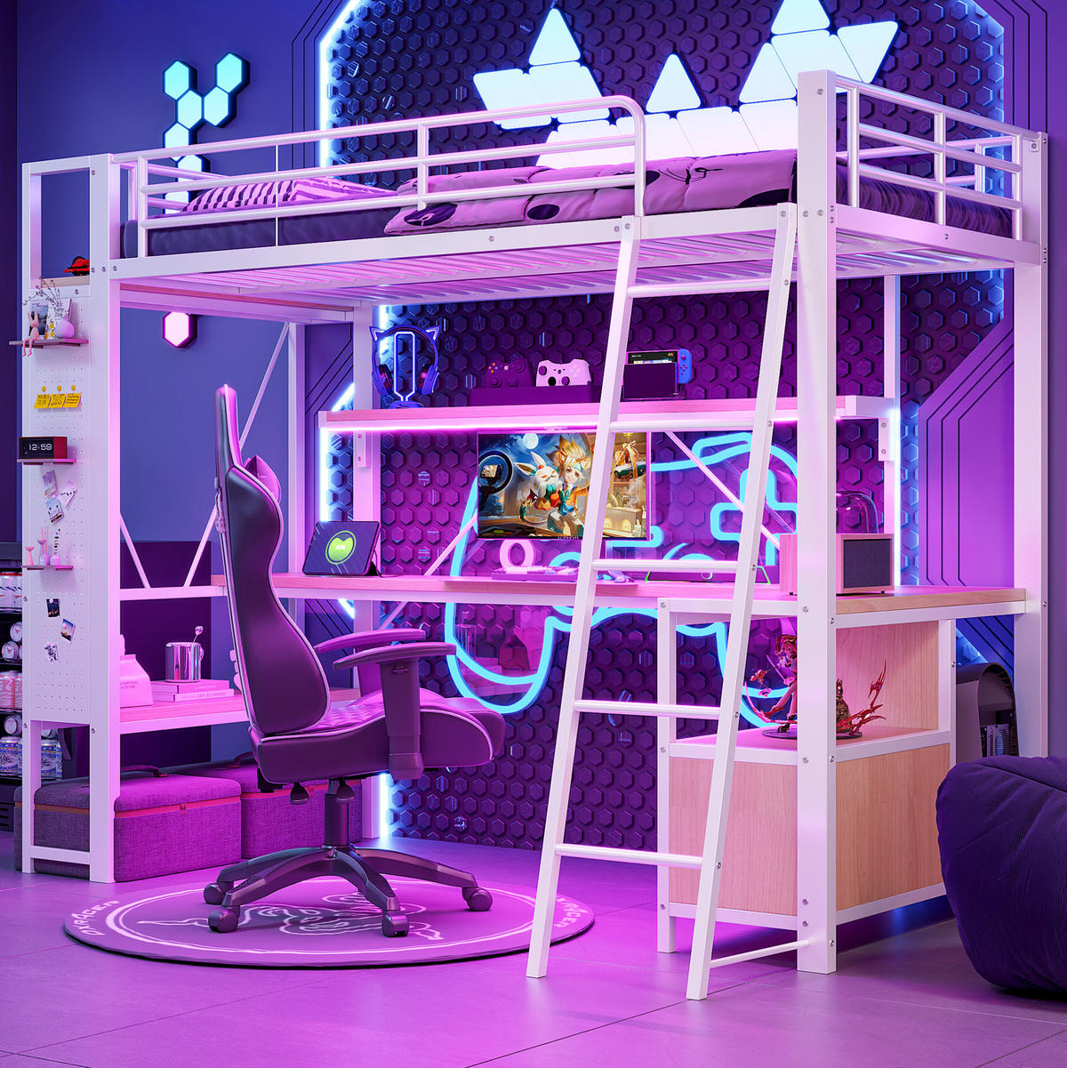 HOCHBETT 90/200 cm in Weiß mit Schreibtisch, LED-Beleuchtung und Stauraum - Weiß, Metall (90/200cm) - Flora Grace