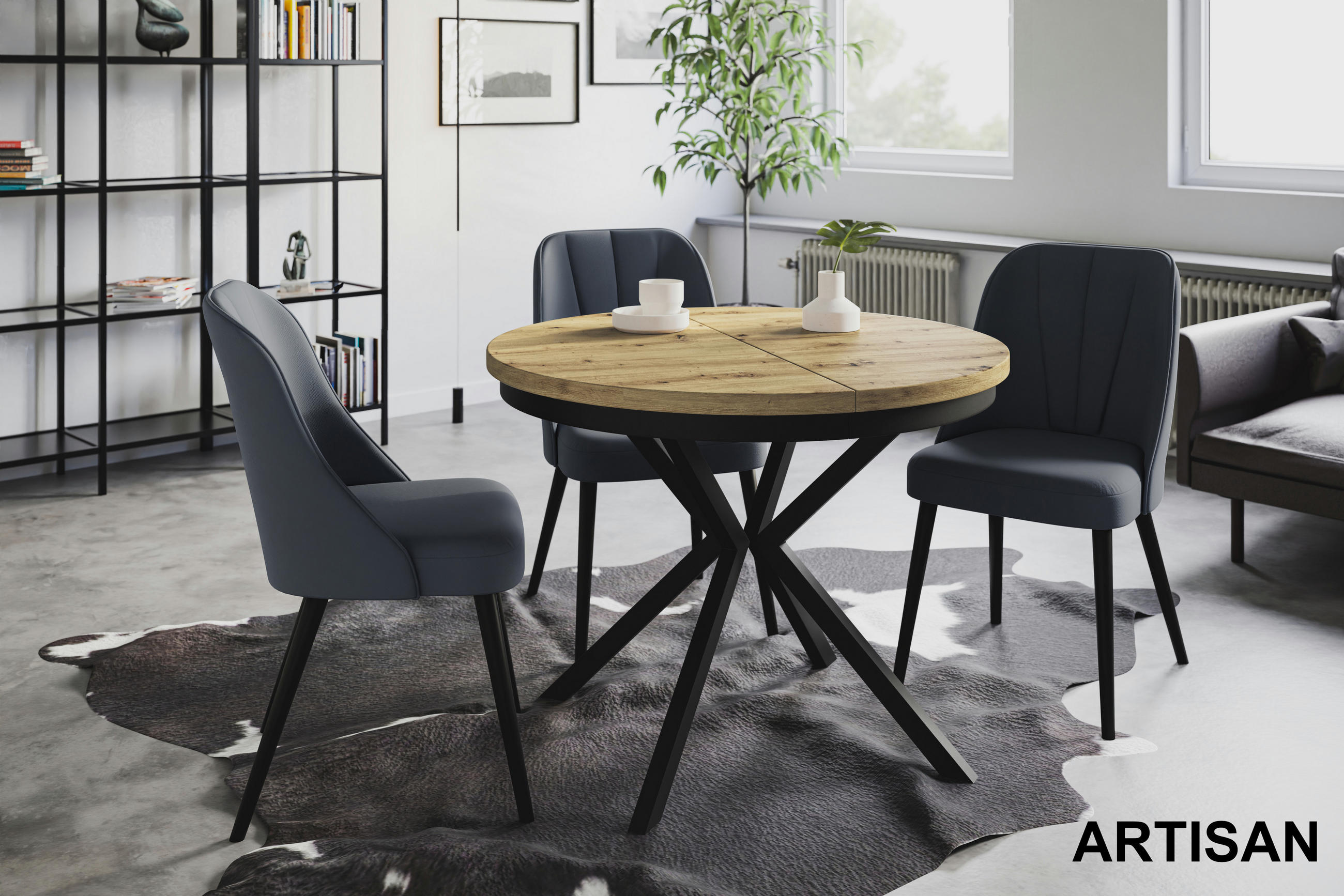 ESSZIMMERTISCH BERGO, ausziehbarer Tisch 90 cm/170 cm, Farbe: Mattbraun, mit Metallbeinen in Farbe Schwarz - Hellbraun/Schwarz, Holzwerkstoff (90/90/76cm) - Alpi-Möbel