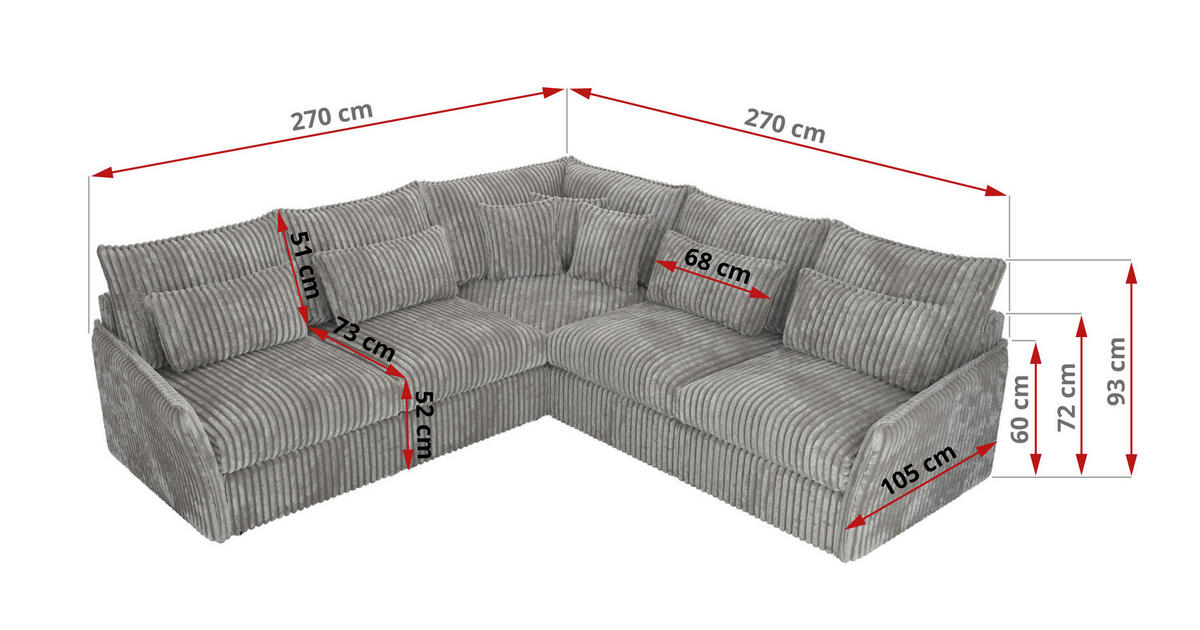 ECKSOFA VERSO L Hellgrau Cord - Hellgrau/Schwarz, Kunststoff/Textil (270/270cm) - MKS