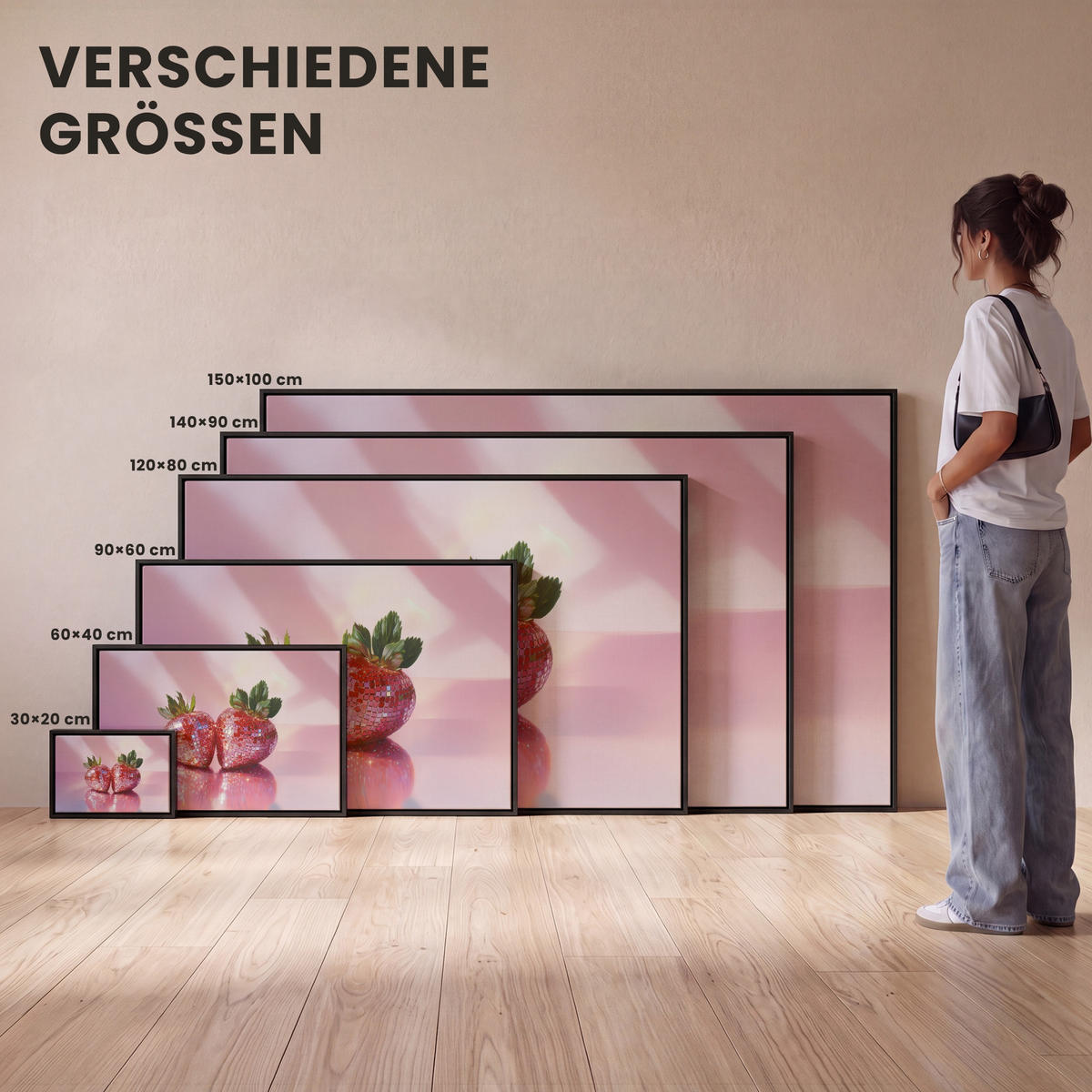 LEINWAND Bilder mit Rahmen - Disco - Obst - Glitzer - Erdbeere - 140x90 - Pink, Textil (140/90cm) - MuchoWow