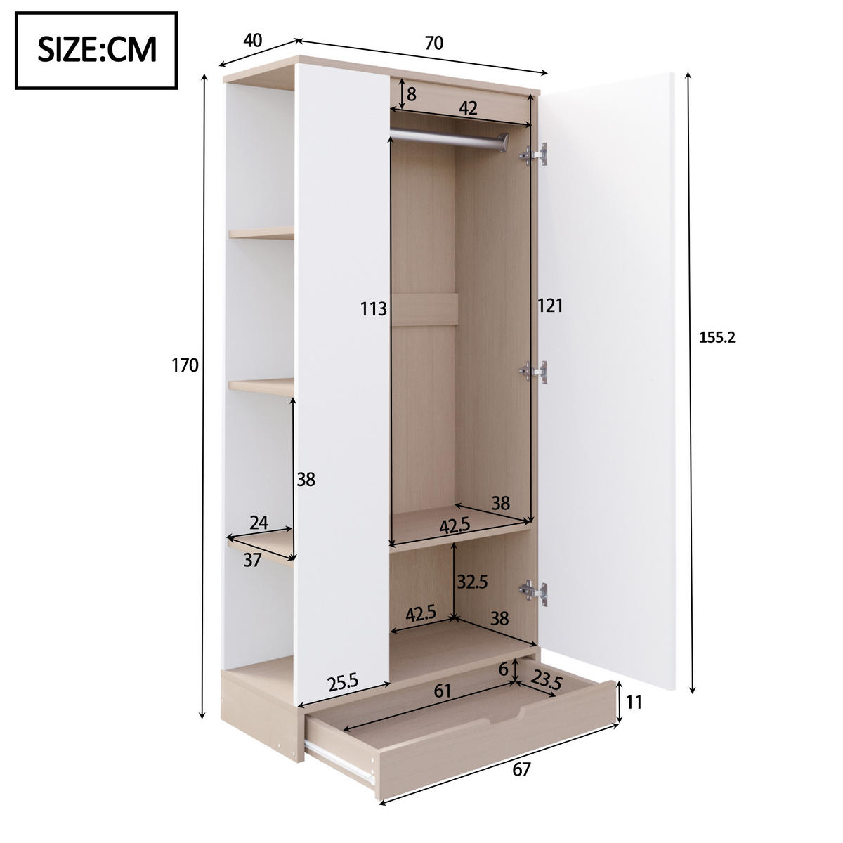 KLEIDERSCHRANK 70x40x170cm 1 Tür Einlegeböden Natur Weiß - Multicolor, Holz (70/170/40cm) - FLIEKS