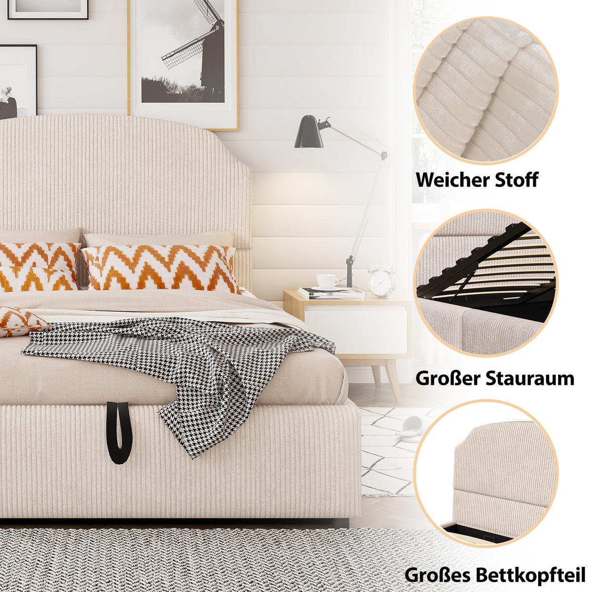 POLSTERBETT 140/200 cm Beige mit Stauraum und Hydraulik aus Streifenplüsch - Beige, Textil (140/200cm) - OKWISH