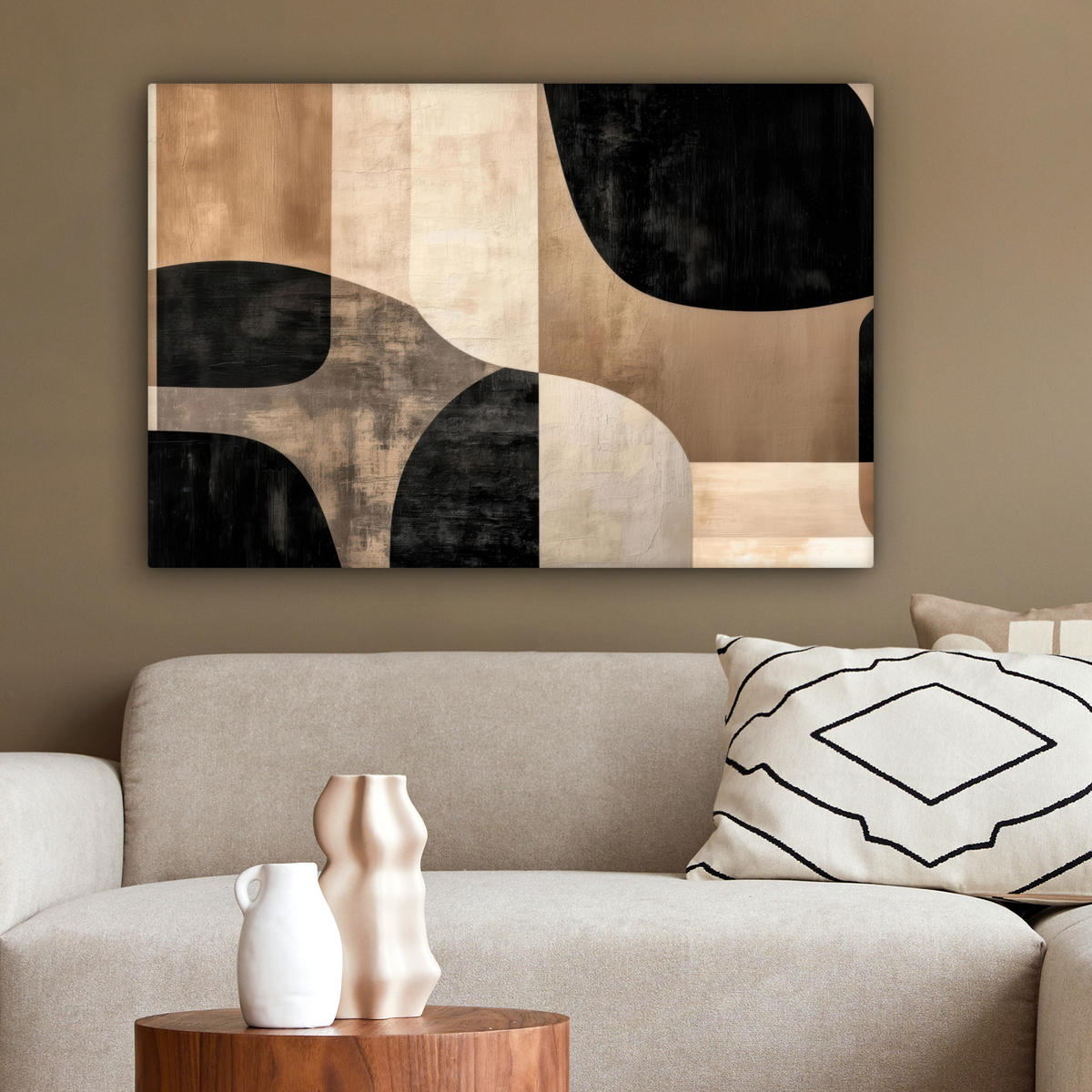 LEINWANDBILD Abstrakt - Flugzeuge - Schwarz - Rund Gemälde 60x40 cm - Beige, Textil (60/40cm) - MuchoWow