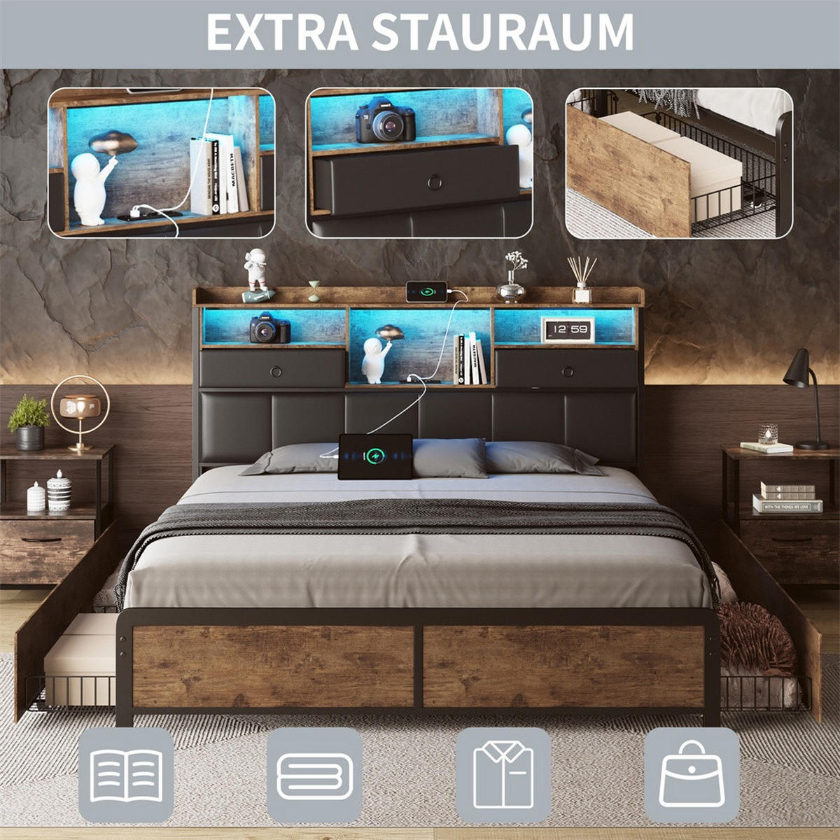 METALLBETT 140 x 200 cm mit 6 Schubladen - Kopfteil-Ablage mit LED-Beleuchtung und Steckdosen & USB-Anschlüsse - Braun, Metall (140/200cm) - DELFA