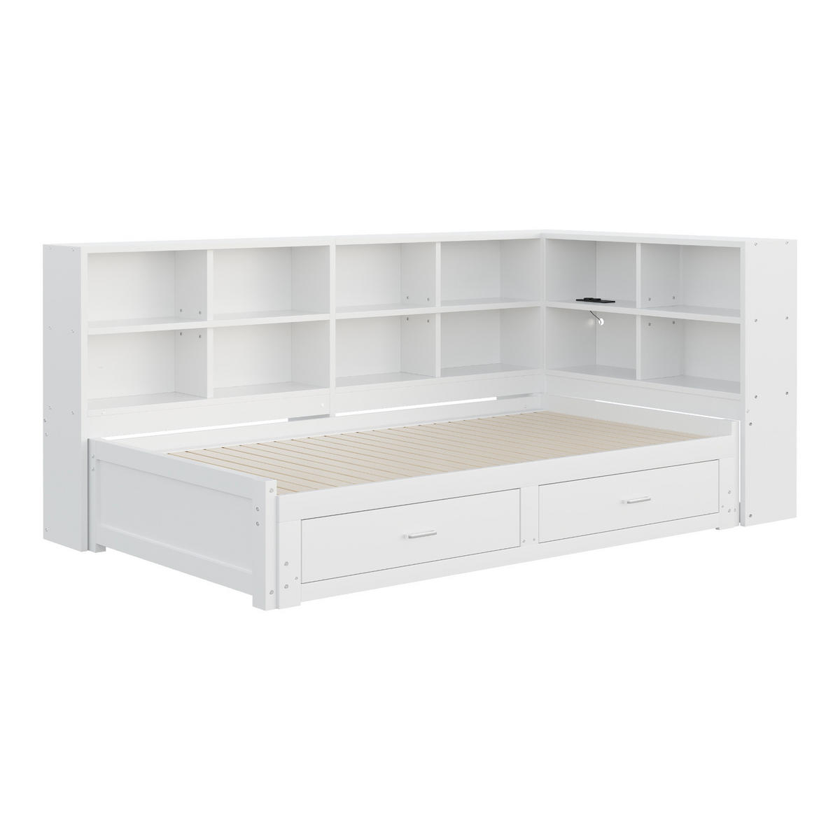 AUSZIEHBETT 90/180/190 cm DE-01381, in Weiß, mit Steckdose und 2 Schubladen - Weiß, Holz (90/190cm) - ComfortXL