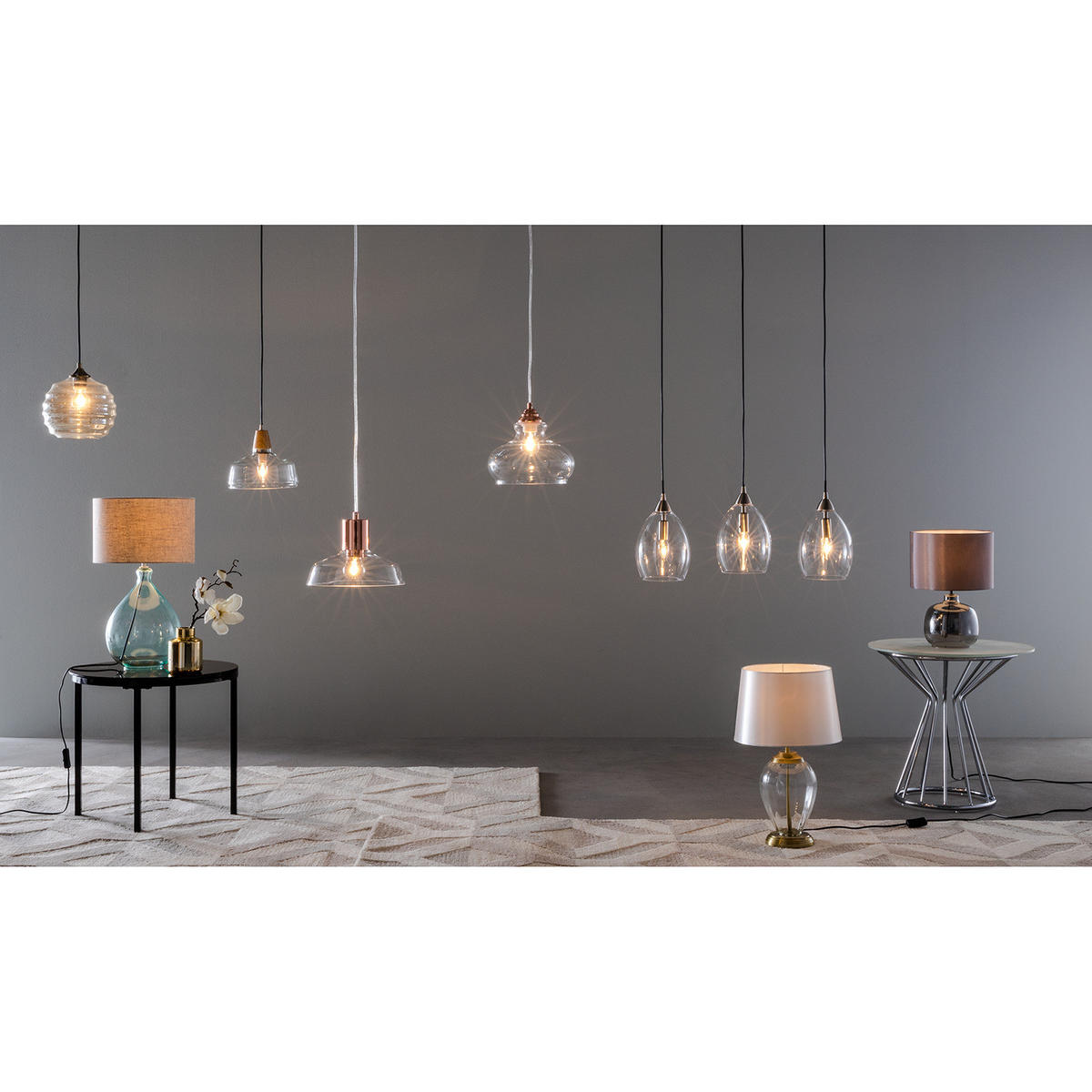 TISCHLEUCHTE - Glas / Baumwollstoff, 1-flammig - Grau, Textil (26/26/37cm) - home24