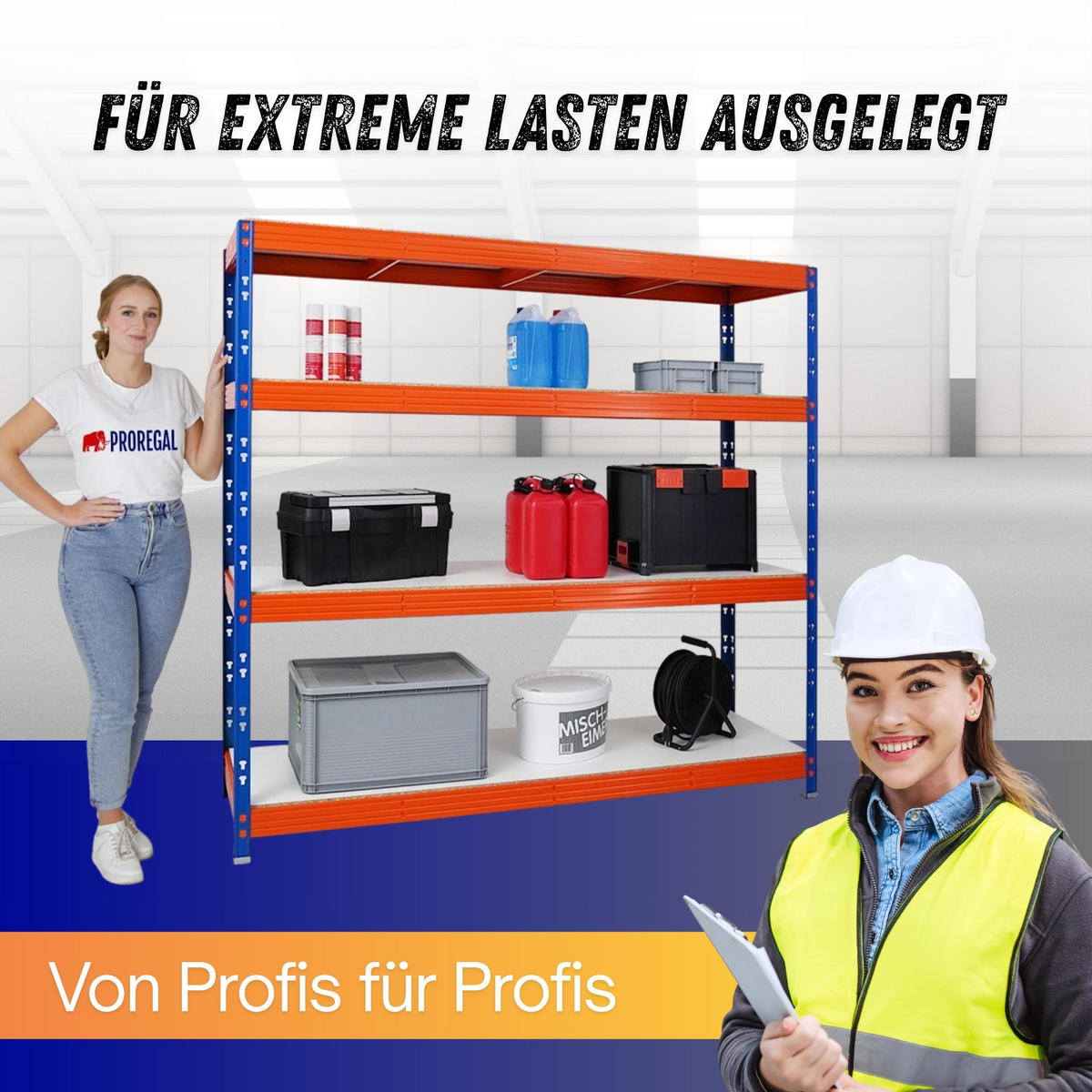 SCHWERLASTREGAL Rhino 180x200x60 cm 4 Melamin-Ebenen 16mm Fachlast 500 kg Blau/Orange - Blau/Orange, Metall (200/180/60cm) - PROREGAL
