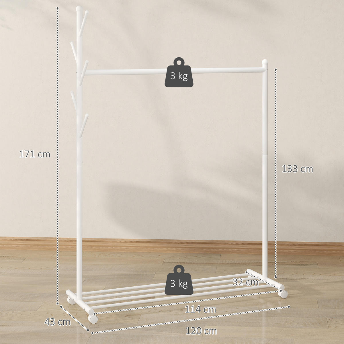 KLEIDERSTÄNDER Weiß mit Rollen 120/43/171 cm - Weiß, Metall (120/171/43cm) - PANGIVO