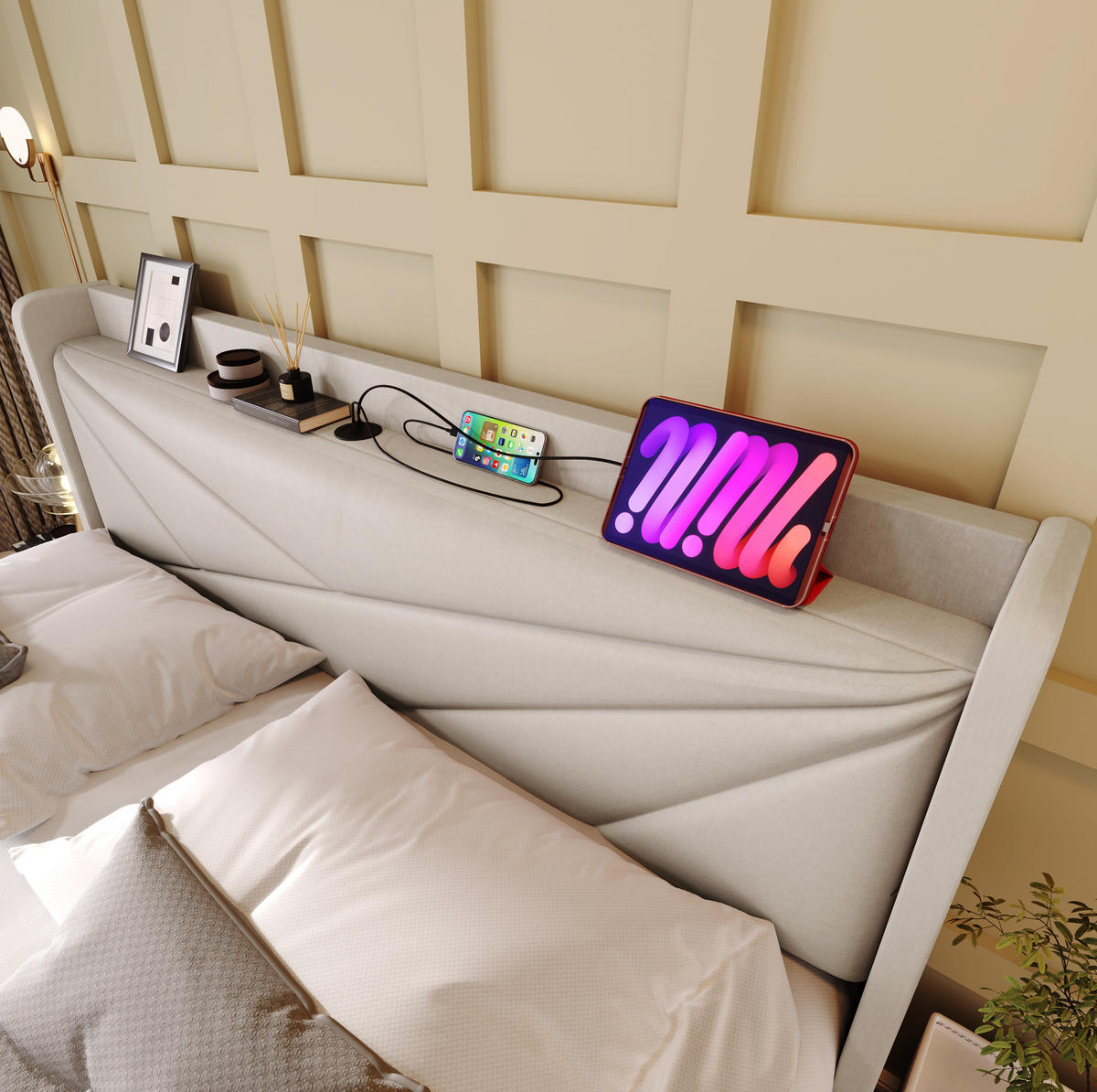 POLSTERBETT mit Bettkasten und USB/Typ-C 160x200 cm Beige - Beige, Metall (160/200cm) - Meubliv