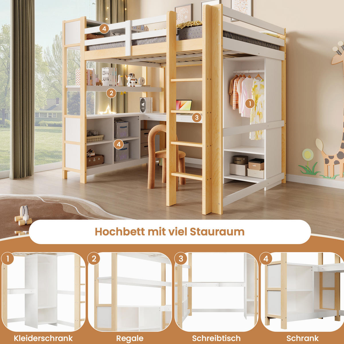 HOCHBETT 140/200 cm mit Schreibtisch, Regalen und Kleiderschrank aus Kiefern, Natur/Weiß - Weiß, Holzwerkstoff (140/200cm) - Redom